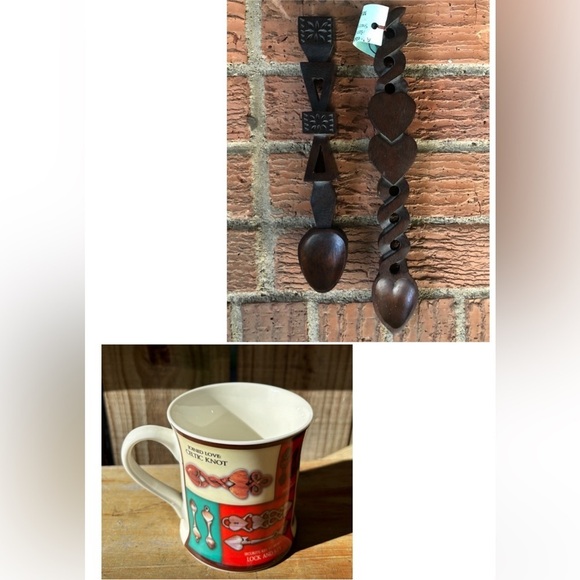 Set of 2 Hand Carved Welsh LoveSpoons by Master Wood Carver Mike Davies &Tea Cup